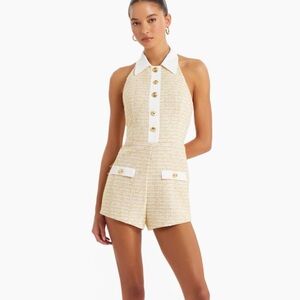 Amanda Uprichard Archer Playsuit in a yellow and cream tweed fabric